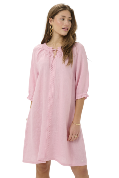 Linen Dress, Cream Bellis Pink
